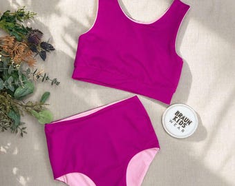 Traje de baño reversible para niños, traje de baño de dos piezas hecho a mano