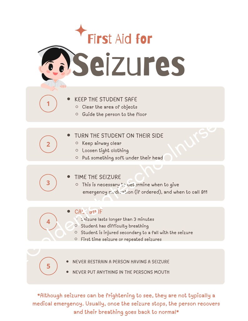 Seizure First Aid Infographic | School Nurse Seizure Response | Teacher Quick Reference | Health Office Printable image 3