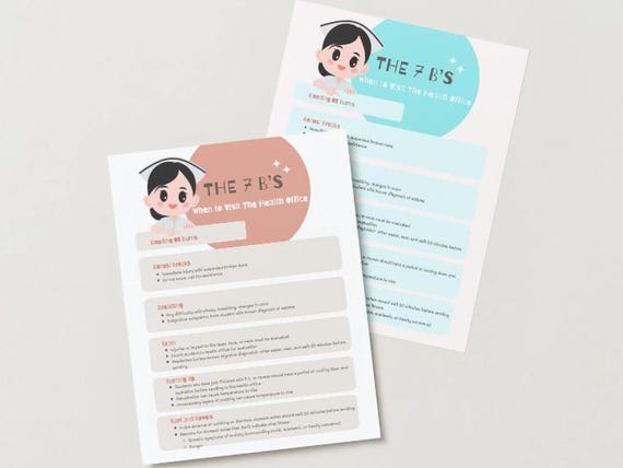 Set of 5, When to Visit the School Nurse, The 7 B's of School Nurse Visits. Spanish and English School Health Infographics