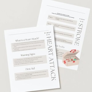 May include: Two white paper sheets with text about heart attacks and strokes. One sheet lists warning signs and first aid, while the other details stroke symptoms. A small illustrated first aid kit is also visible.