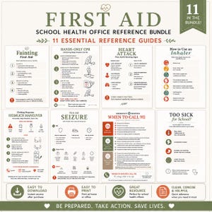 Könnte beinhalten: Ein Referenzpaket für das Schulsekretariat mit 11 wichtigen Erste-Hilfe-Anleitungen. Die Poster enthalten Anweisungen für Ohnmacht, Herz-Lungen-Wiederbelebung, Herzinfarktsymptome, Inhalatorgebrauch, das Heimlich-Manöver, Krampfanfälle und Notrufe.