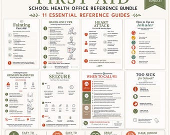 May include: A school health office reference bundle featuring 11 essential first aid guides. The posters include instructions for fainting, hands-only CPR, heart attack signs, inhaler use, the Heimlich manoeuvre, seizure response, and when to call 911.