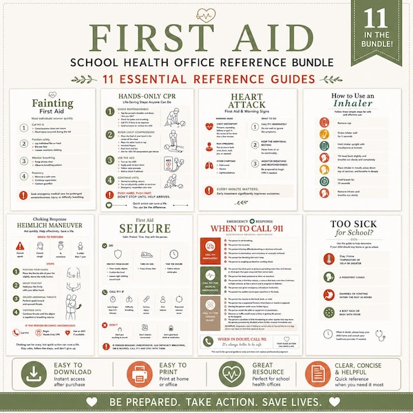 School Nurse First Aid Bundle | Emergency Response Infographics for School | Health Office Resources