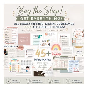 May include: A collection of over 45 digital infographic posters for school nurses, featuring topics like migraine awareness, seizure first aid, inhaler and EpiPen usage, and student health trackers, all displayed in a variety of pastel and neutral colors.