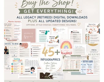 May include: A collection of over 45 digital infographic posters for school nurses, featuring topics like migraine awareness, seizure first aid, inhaler and EpiPen usage, and student health trackers, all displayed in a variety of pastel and neutral colors.