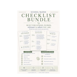Checklist-bundel voor schoolverpleegkundigen | Maandelijkse metgezel voor schoolverpleegster | Hulpbron voor nieuwe schoolverpleegkundigen | Gids voor gezondheidskantoren | Afdrukbare pdf