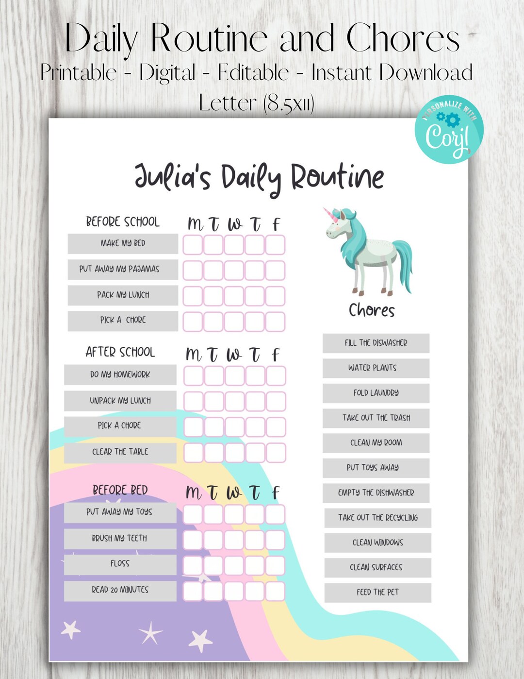 EDITABLE Kids Routine and Chores Unicorn/rainbow Theme. - Etsy