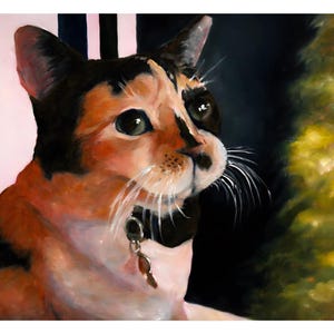 May include: A detailed painting of a calico cat with black, orange, and white fur. The cat is wearing a collar with a small charm. The background features a dark area and a blurred, yellow-green section, possibly foliage.