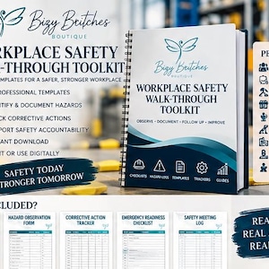 May include: A spiral-bound Workplace Safety Walk-Through Toolkit manual with a white cover, teal accents, and a dragonfly logo. The text includes 15 professional templates, hazard documentation, and corrective action trackers.