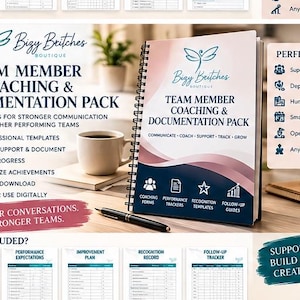 May include: A spiral-bound Team Member Coaching & Documentation Pack with a dragonfly logo. The cover features text including "COMMUNICATE - COACH - SUPPORT - TRACK - GROW" and icons for coaching forms, performance trackers, and recognition templates.