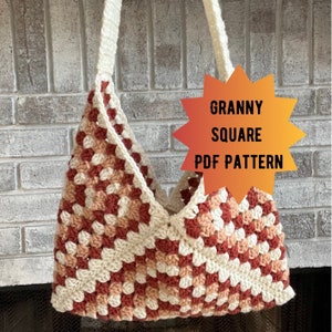 May include: A crocheted bag made with granny squares in shades of white, peach, and red. The bag has a long strap and is hanging from a brick wall. The text "Granny Square PDF Pattern" is on a starburst graphic.