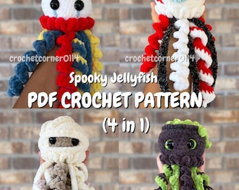 4 in 1 Halloween Jellyfish Crochet Pattern | PDF download | Halloween Amigurumi Crochet Pattern | Clown, EyeBall, Mummy, Cauldron