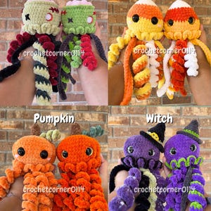 May include: A collection of eight handmade crochet octopus plushies featuring four distinct themes: Zombie with exposed brains, Candy Corn with orange and yellow stripes, Pumpkin with orange bodies, and Witch with purple bodies and black hats.