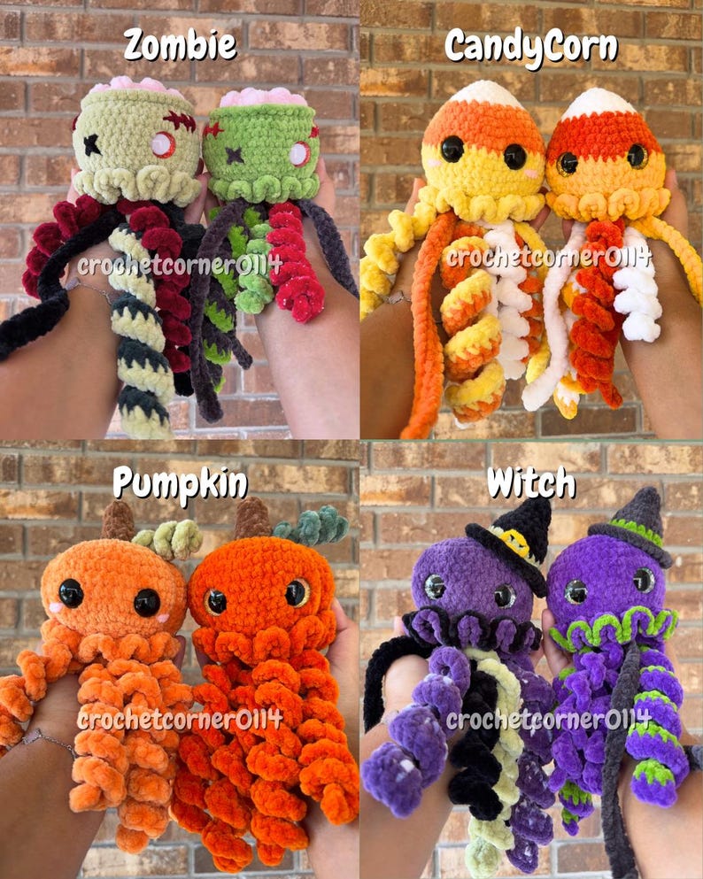 May include: A collection of eight handmade crochet octopus plushies featuring four distinct themes: Zombie with exposed brains, Candy Corn with orange and yellow stripes, Pumpkin with orange bodies, and Witch with purple bodies and black hats.