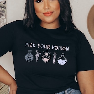 Halloween Party T-Shirt, Apothecary Theme, Fall Crewneck, Bottle Design, Halloween Gift, Present For Friend, Potion Lovers, Pick Your Poison