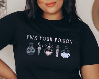 Halloween Party T-Shirt, Apothecary Theme, Fall Crewneck, Bottle Design, Halloween Gift, Present For Friend, Potion Lovers, Pick Your Poison