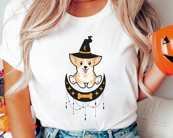 Cute Halloween Shirt, Corgi T-Shirt, Witch Themed Dog Lovers Tee, Gift For Corgi Lovers, Cutesy Gift, Puppy Halloween, Witch Dog, Crewneck
