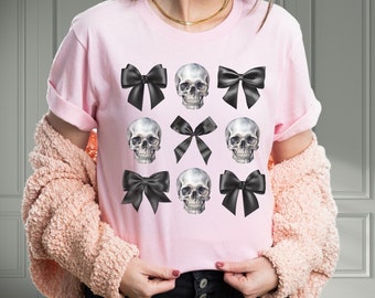 Dark Coquette Crewneck T-shirt with Skull and Bows, Stylistic Shirt for Soft Girl Aesthetic, Coquette Halloween Graphic Tee, Goth Clothes