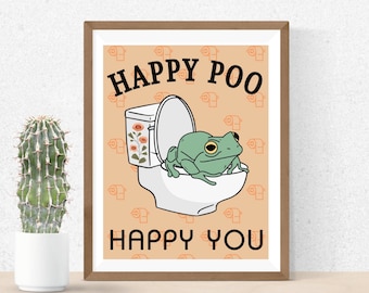 Comical Poster for Bathroom with Boho Frog Aesthetic, Funny Restroom Art Print, Unframed Self Care Wall Decor, Frog Lovers Gift, Happy Retro