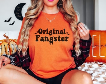 Halloween Crewneck T-Shirt, Original Fangster, Funny Halloween Party Fang Tee, Fall Clothes with Spooky Aesthetic, Retro Font Vampire Shirt