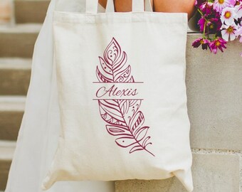 Custom Bridesmaid Tote Bag with Feather, Personalized Canvas Name Bag for Girls Group, Bridesmaid Keepsake, Bridal Party Wedding Day Gift
