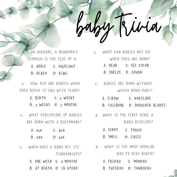 Greenery Baby Trivia | Greenery Baby Shower Theme | Baby Shower Games | Baby Shower | Baby Trivia
