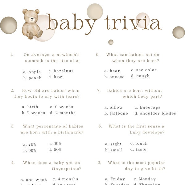 Teddy Bear Baby Trivia | Teddy Bear Baby Shower Theme | Baby Shower Games | Baby Shower | Baby Trivia