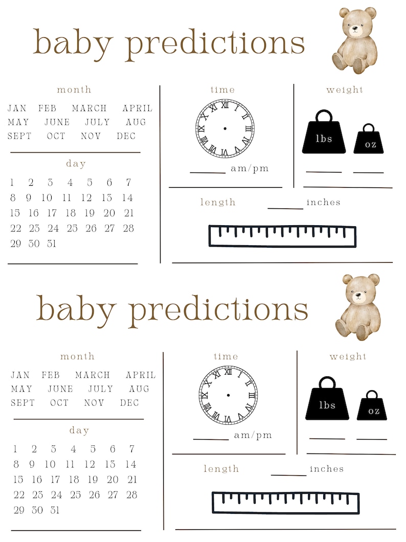 Teddy Bear Theme Baby Prediction Chart | Baby Prediction Chart | Teddy ...
