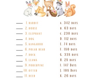 Woodlands Animal Dracht Spel | Woodlands Baby Shower Thema | Babyshower Spelletjes | Dierlijke draagtijd spel | Zwangerschapsspel bij dieren