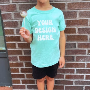 Kids Comfort Colors C 9018 Youth Island Reef T Shirt Mockup Model, Toddler Boy Trendy Green Blue Shirt Child Mock Tee Island Reef 9018 Mock