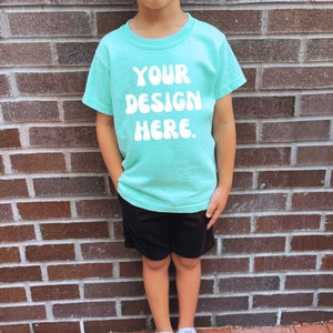 Kids Comfort Colors C 9018 Youth Island Reef T Shirt Mockup Model, Toddler Boy Trendy Green Blue Shirt Child Mock Tee Island Reef 9018 Mock