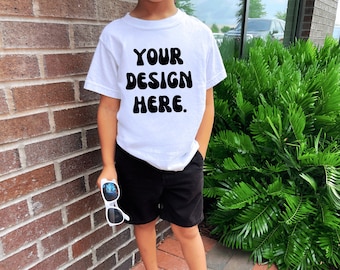 Comfort Colors 9018 Kids White T Shirt Mockup Model, Toddler Boy Trendy Kid 9018 White Digital Mock up Shirt Lifestyle Children Outdoor 9018