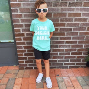 Kids Comfort Colors C9018 Youth Island Reef T Shirt Mockup Model, Toddler Boy Trendy Green Blue T Shirt Childs Mock up Outdoor 9018 Mock