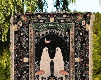 Woodland Gothic Ghost Couples Blanket | Cottagecore Custom Gothic Mushroom Tapestry Woven Throw Whimsigoth Personalized Gifts for Partner |