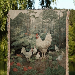 Rustic Farmhouse Chicken Tapestry Blanket | Funny Chicken Mom Gift Tapestry Woven Blanket Cute Cottagecore Wall Art Funny Tapestry Rooster |