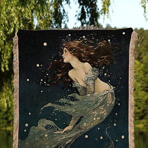 Celestial Mermaid Tapestry | Mermaid Aesthetic Celestial Wall Art Cottagecore Decor Art Nouveau Tapestry Woven Blanket Fairycore Decor |