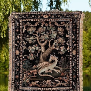 Medieval Aesthetic Dragon Blanket | Fairytale Inspired Nursery Decor Morris Style Cottagecore Fairycore Woven Throw Tapestry Botanical |