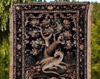 Medieval Aesthetic Dragon Blanket | Fairytale Inspired Nursery Decor Morris Style Cottagecore Fairycore Woven Throw Tapestry Botanical |