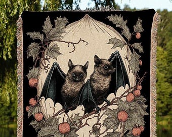 Vintage Bat Blanket Personalized Couples Gift Gothic Wedding Custom Blanket Woven | Gift for Goth Couples Holiday Bat Blanket Gothic Decor