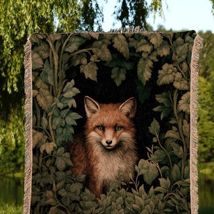 Mystic Woodland Fox Throw Woven | Woodland Folk Art Blanket Woven Tapestry William Morris Style Woodland Goth Decor Cottagecore Fox Blanket