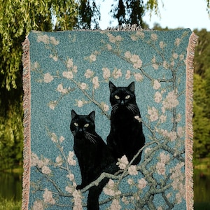 Vintage Cat Painting Tapestry | Vincent Van Gogh &#39;Almond Blossom&quot; Blanket Woven | Funny Tapestry Black Cat Painting Famous Art Blanket Cute
