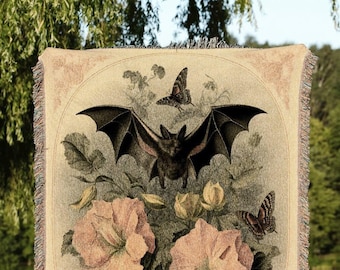 Bat Lithograph Antique Tapestry Blanket Woven Wall Hanging | Bat Decor Dark Academia Room Decor Vintage Tapestry Woven Throw Blanket Gothic