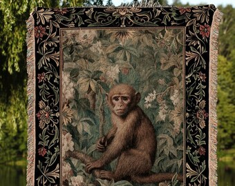 Pastel Botanical Monkey Blanket Woven | Woodland Gothic Room Decor Monkey Cottagecore Antique Aesthetic Dark Fairycore Bedroom Tapestry |