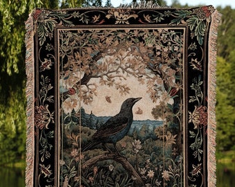 Dark Floral Raven Tapestry | Victorian Gothic Woven Blanket Morris Inspired Cottagecore Aesthetic Dark Fairycore Goth Bedroom Black Crow Art