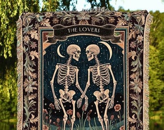 Skeleton Lovers Tarot Aesthetic Throw | Celestial Skeleton Couple Woven Tapestry Wedding Anniversary Gift Personalized Blanket Custom Names