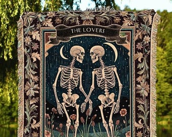 Skeleton Lovers Tarot Aesthetic Throw | Celestial Skeleton Couple Woven Tapestry Wedding Anniversary Gift Personalized Blanket Custom Names
