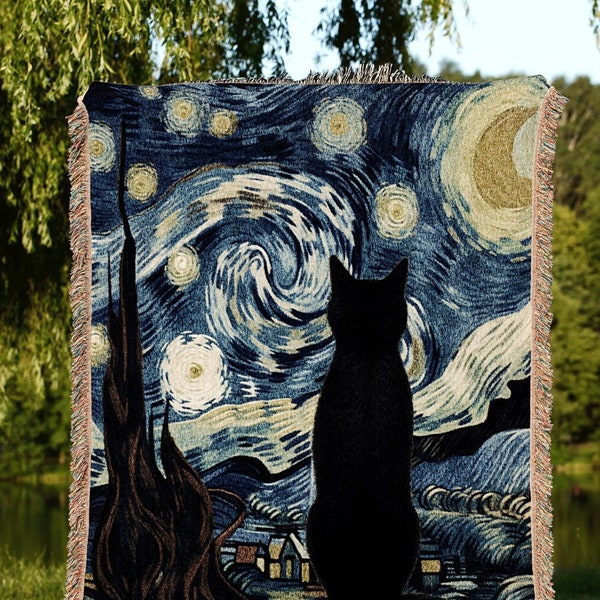 Starry Night Black Cat Tapestry | Funny Tapestry Van Gogh Inspired Throw Blanket Woven Wall Art Cat Painting Eclectic Decor Fine Art Blanket