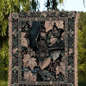 Victorian Gothic Ornate Bat Tapestry | Whimsical Cottagecore Blanket Woven Throw Witch Aesthetic Bedroom Woodland Ethereal Botanical Decor