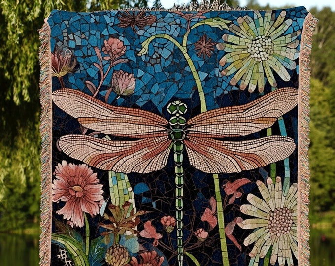 Woodland Dragonfly Blanket Woven | Dragon Fly Woven Tapestry Fairycore Gift for Her Stained Glass Aesthetic Woodland Gothic Room Decor |