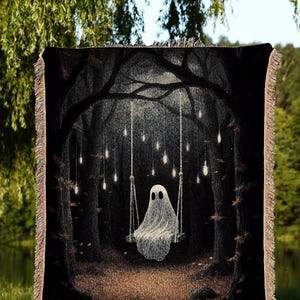 Forest Ghost Tapestry Blanket | Fall Aesthetic Vintage Ghost Art Woven Tapestry Halloween Decor Dark Academia Wall Art Ghost Blanket Woven